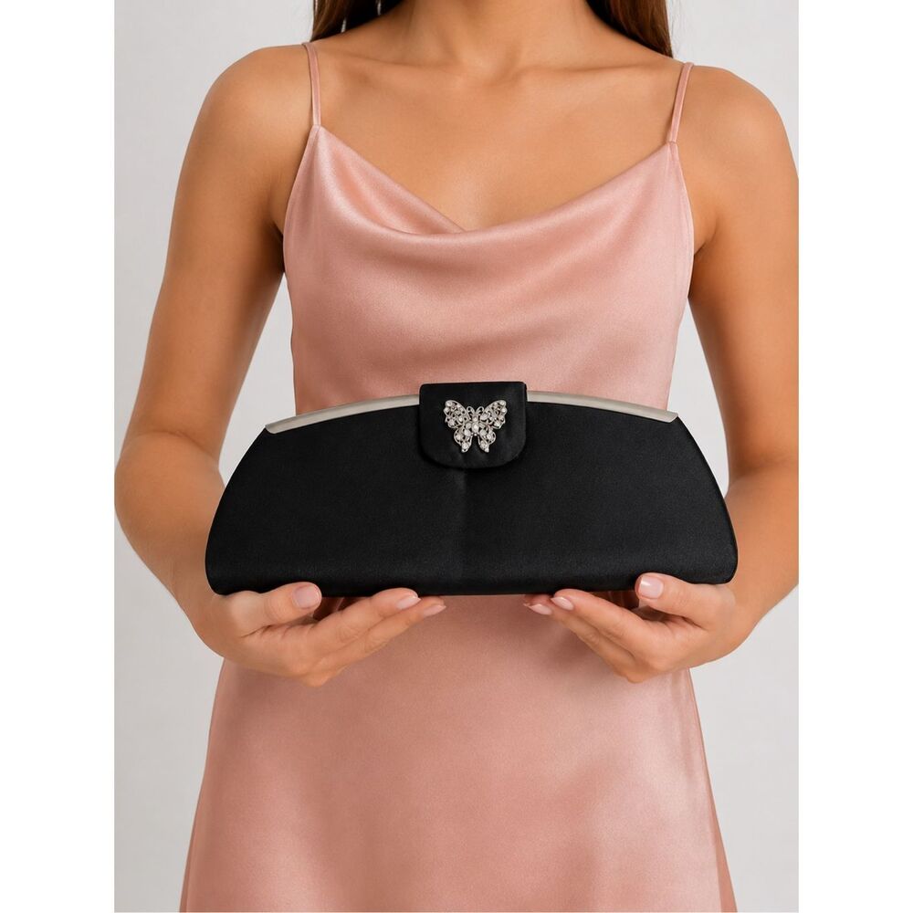 Vintage TOVA Beverly Hills Black Satin Clutch Evening Bag Rhinestone Butterfly